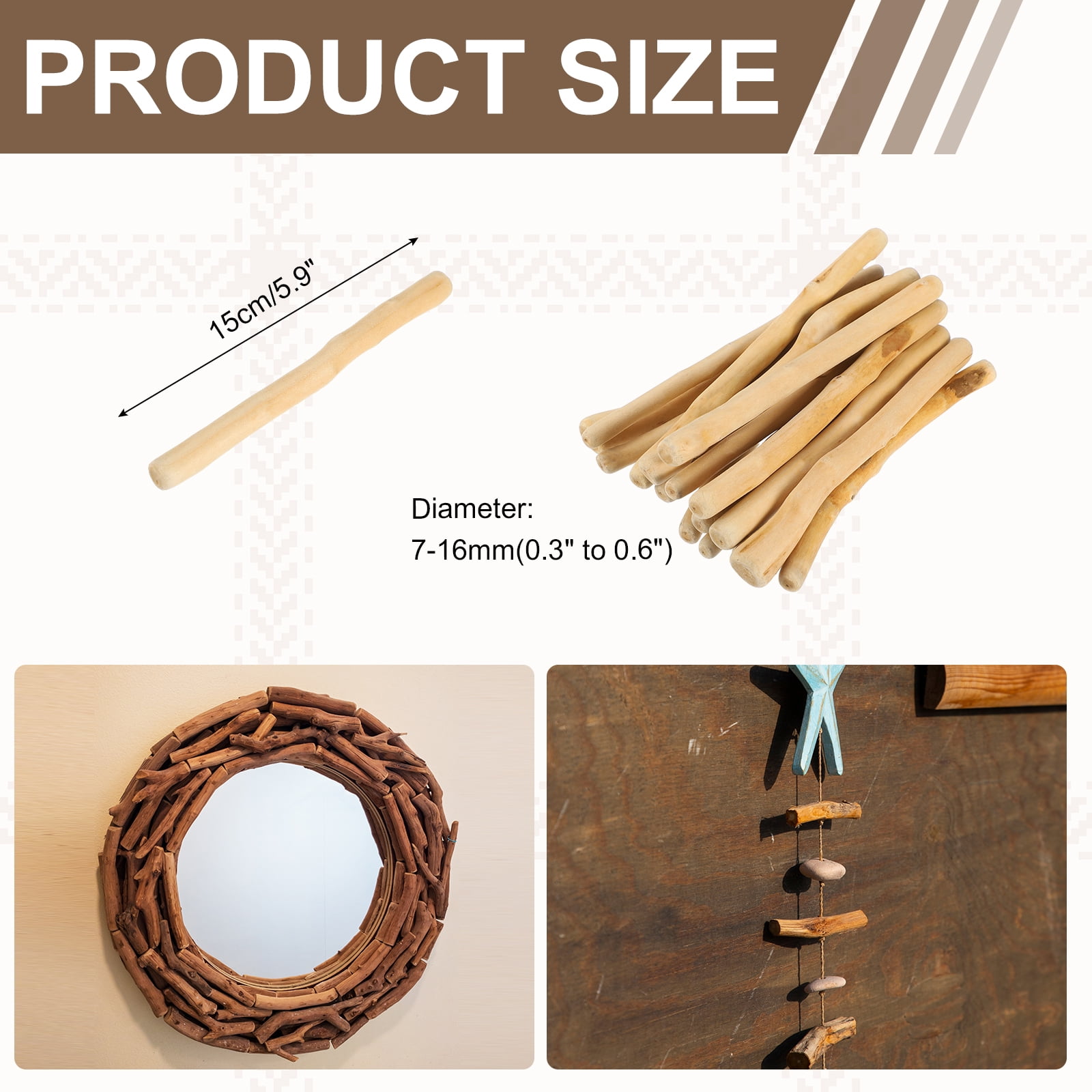 Uxcell 5.9" Natural Driftwood Pieces,  0.3" to 0.6" Dia Driftwood Twigs for Crafts Drift Wood Sticks for DIY Crafts Photo Props Wall Decor, Wood Color