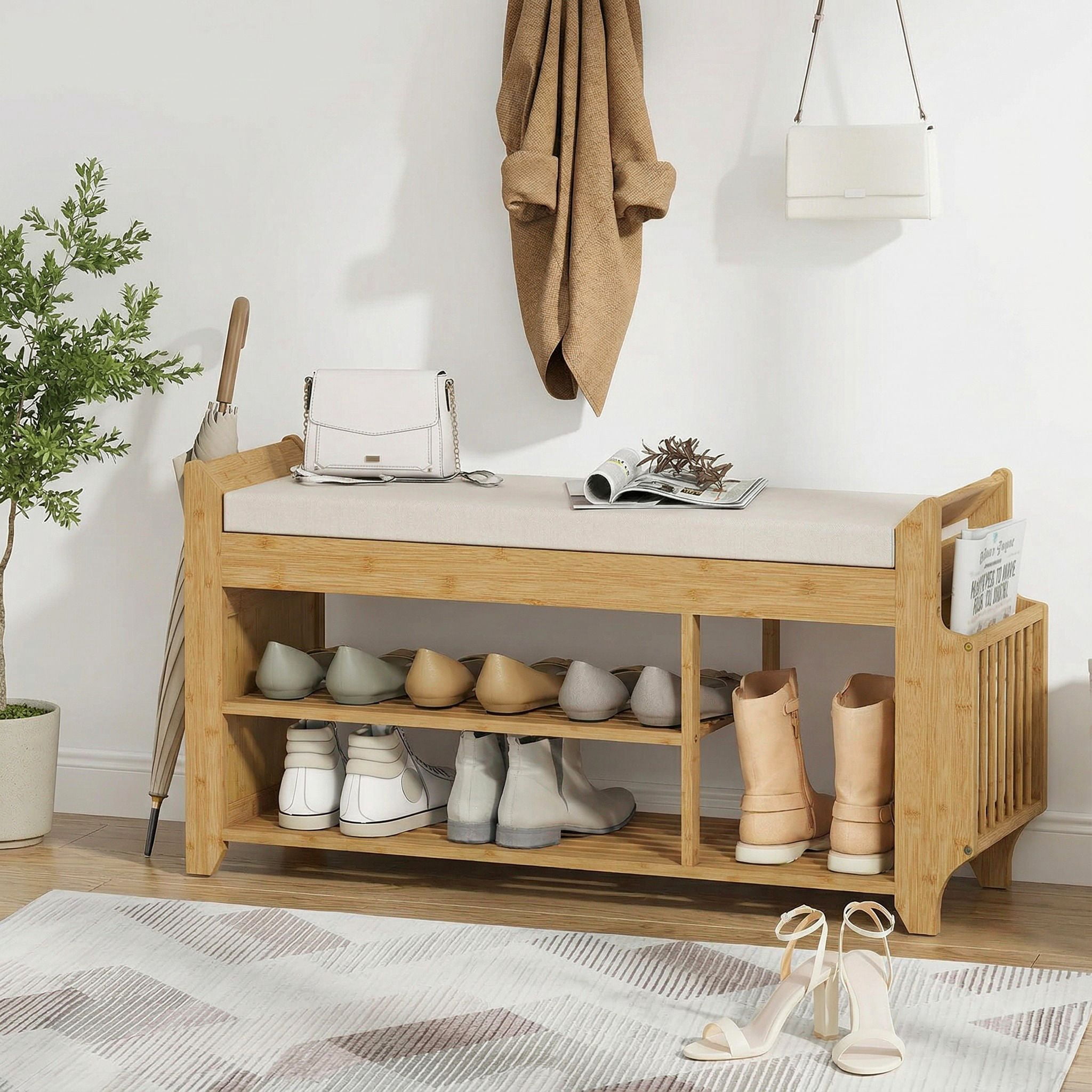 Bamboo Entryway Shoe Storage Bench with Cushioned Seat, Zoned Shoe & Boot Shelves Side Umbrella Compartment Slim 11.8in Depth Hallway Organizer Supports 352lbs Natural Cream