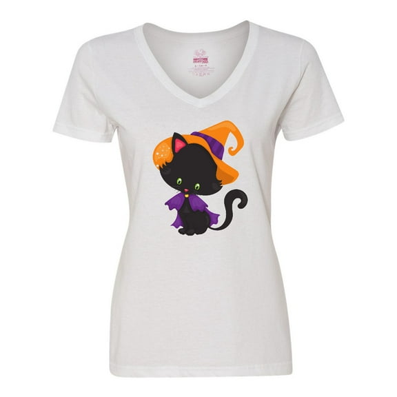 Inktastic Black Cat, Cat Wearing Witch Hat, Halloween Women's V-Neck T-Shirt