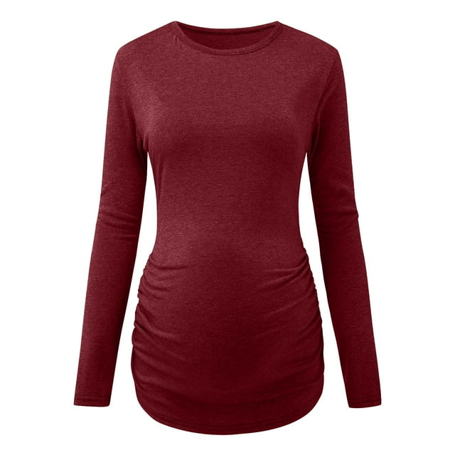 WTXUE T-Shirts de Maternité, Hauts Tuniques Froncés de Maternité pour Femmes Vêtements de Maman T-shirt à Manches Longues Col Rond Grossesse T-shirt Doux et Chaud Haut à Encolure Ronde pour Femmes à Manches Longues Bordeaux