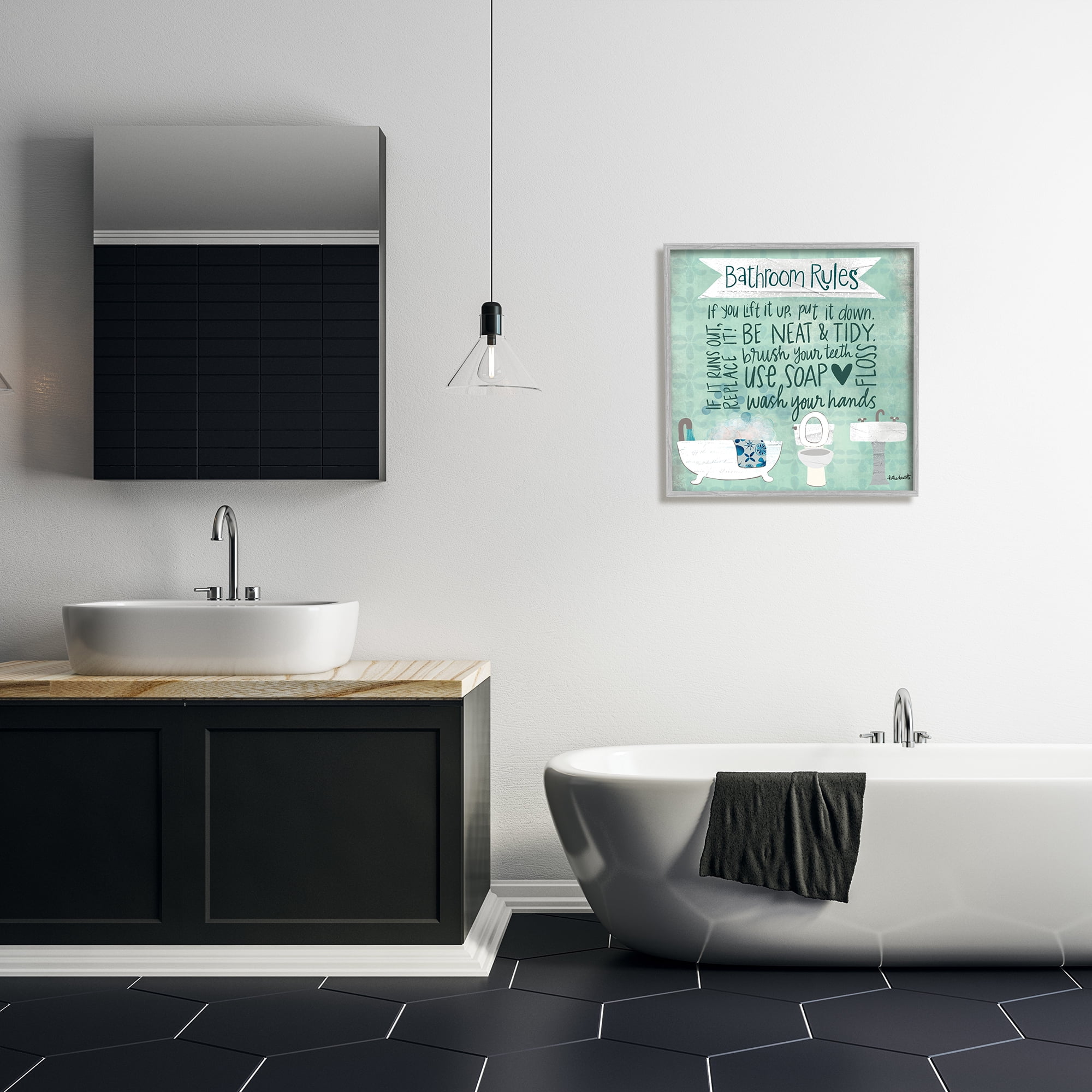 Stupell Industries Aqua Blue Bathroom Rules Collage Look Typography, 24 x 24,Design by Katie Doucette