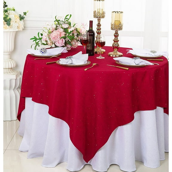 Wedding Linens Inc. 72'' x 72'' Square Sequins Paillette Burlap/Flax Hessian Polyester Table Overlays, Table Toppers, Tablecloths for Wedding Party Events Luxury Dcor use - Apple Red