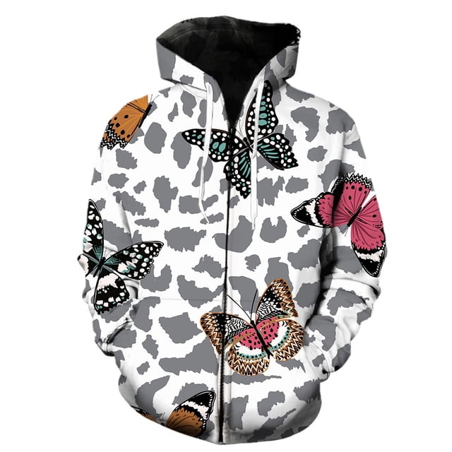 Sudadera con capucha y cremallera con estampado 3D de mariposas de dibujos animados para hombre y mujer, estilo urbano, estilo holgado, para otoño y primavera, talla 4XL