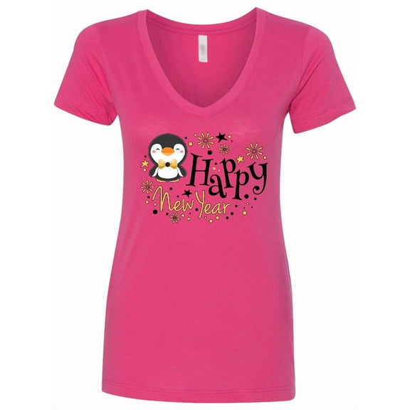 Inktastic Happy New Year with Cute Penguin Women's V-Neck T-Shirt