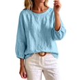 thumbnail image 4 of Bosfbaoi 3/4 Puff Sleeve Womens Tops Solid Round Neck Loose Linen Blend Casual Blouses, 4 of 5