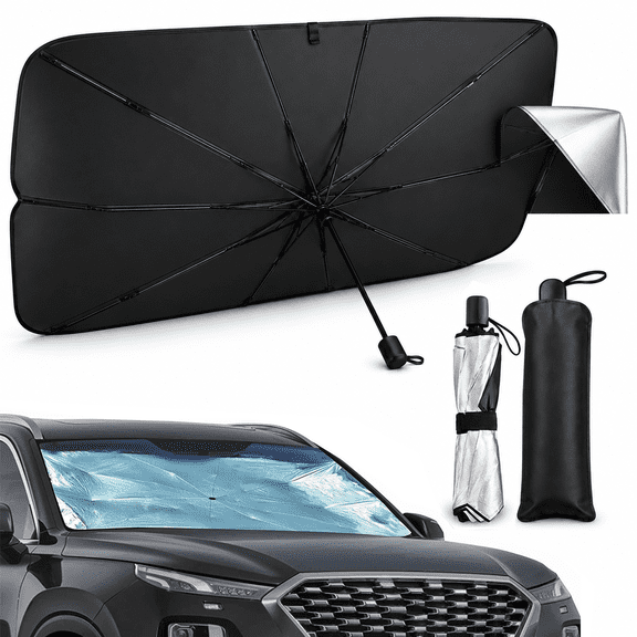 Byseng Car Windshield Sun Shade Umbrella, 57" x 31" Foldable Front Window Sunshade for Cars SUVs, UV Heat Blocking Automotive Sun Shield with Rearview Mirror Opening & Storage Bag