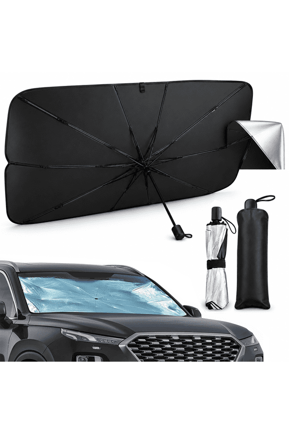 Car Windshield Sun Shade Umbrella, 57" x 31" Foldable Front Window Sunshade for Cars SUVs, UV Heat Blocking Automotive Sun Shield with Rearview Mirror Opening & Storage Bag