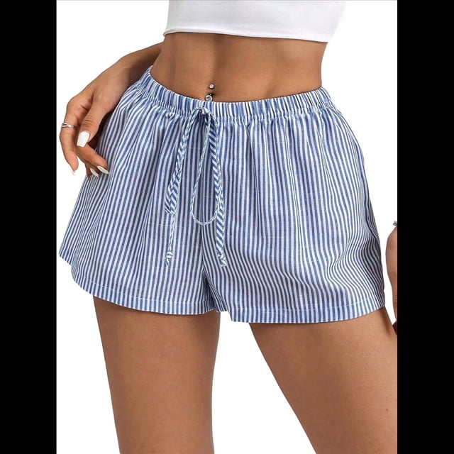 Pantalones Cortos Tipo Bóxer de Verano con Cintura Elástica, Cordón Ajustable y Estampado de Rayas para Mujer Azul L