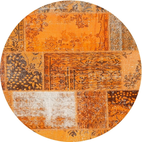 Ahgly Company Indoor Round Contemporary Orange Red Patchwork Area Rugs, 3' Round