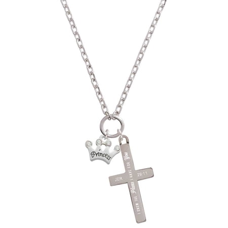 Delight Jewelry Silvertone Small Princess Crown with Clear Crystals I Have Plans for You Engraved Cross Zoey Necklace 28