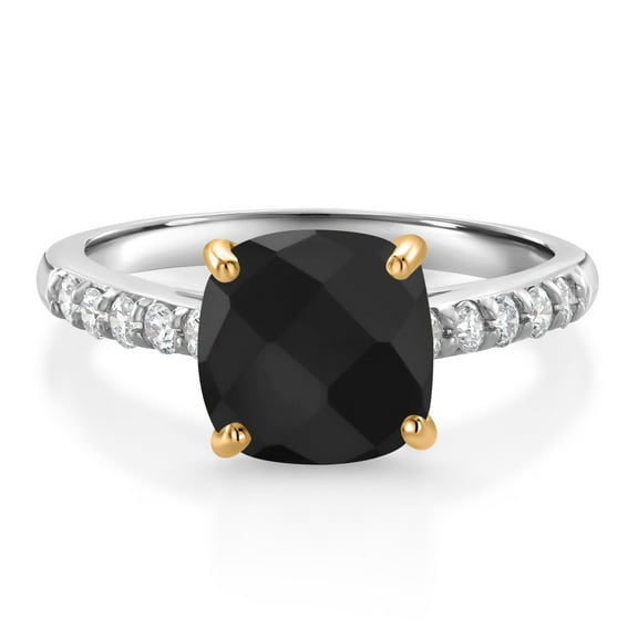 Gem Stone King 2.31 Ct Cushion Checkerboard Black Onyx G/H Lab Grown Diamond 10K White Gold Engagement Ring with Yellow Gold Prongs (Size 9)