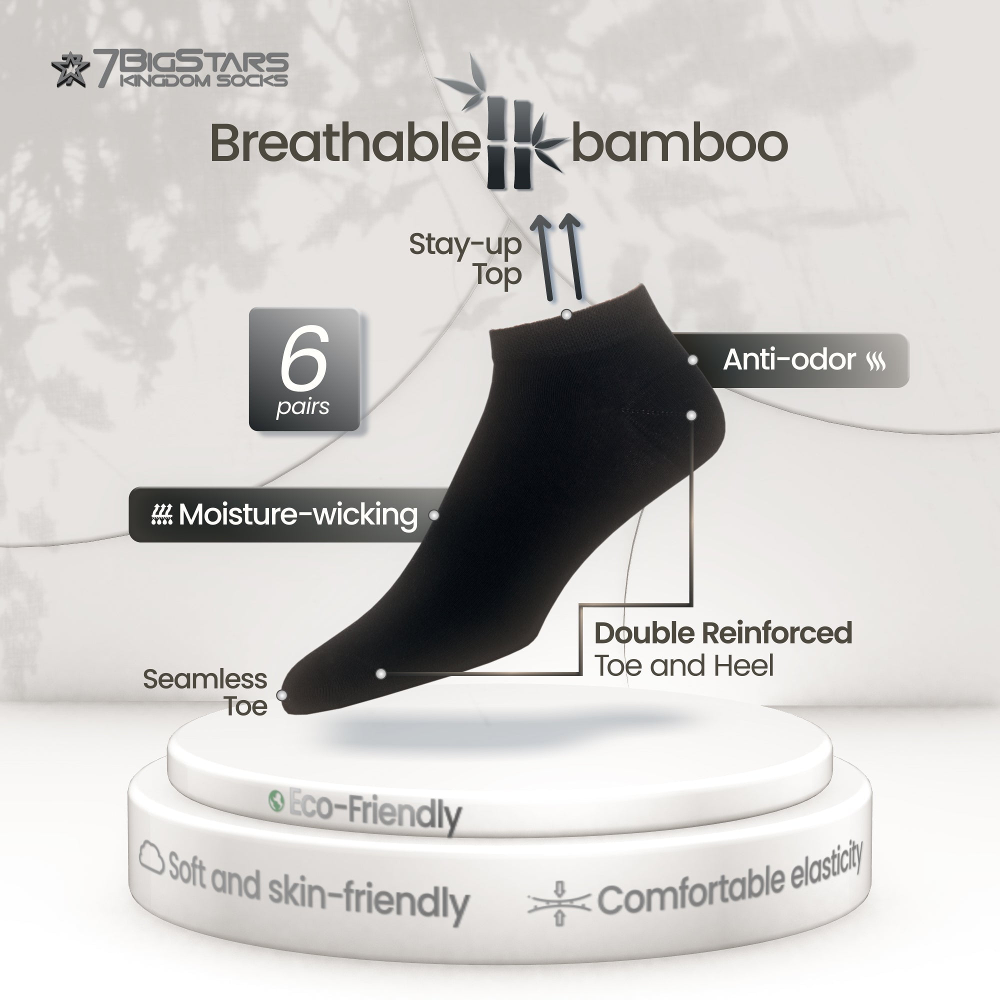 7BIGSTARS KINGDOM Men Bamboo Ankle Sock - 6 Pack - Thin Seamless Breathable Soft Solid Low Cut - Sock Size 10-13 Shoe 9-12 L Black