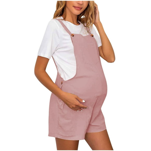Women's Maternity Overalls Shorts Pregnancy Casual Sleeveless Jumpsuits Romper with Pocket Pink S