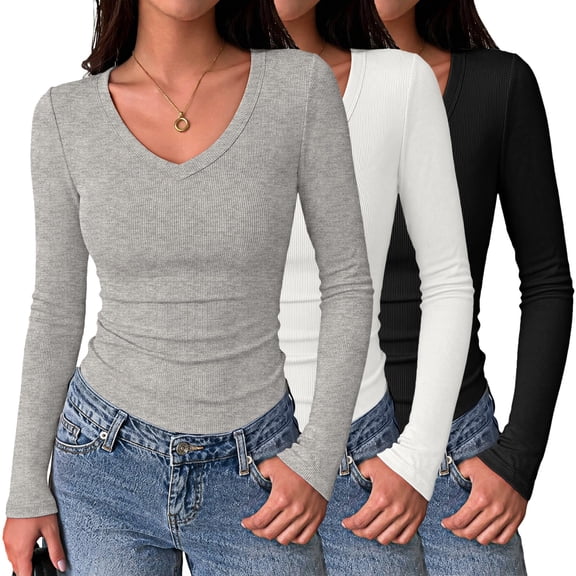 Zeagoo Women Long Sleeve Basic Tee 3 Pack Fall V Neck Casual T-Shirt Ribbed Slim Fit Tops