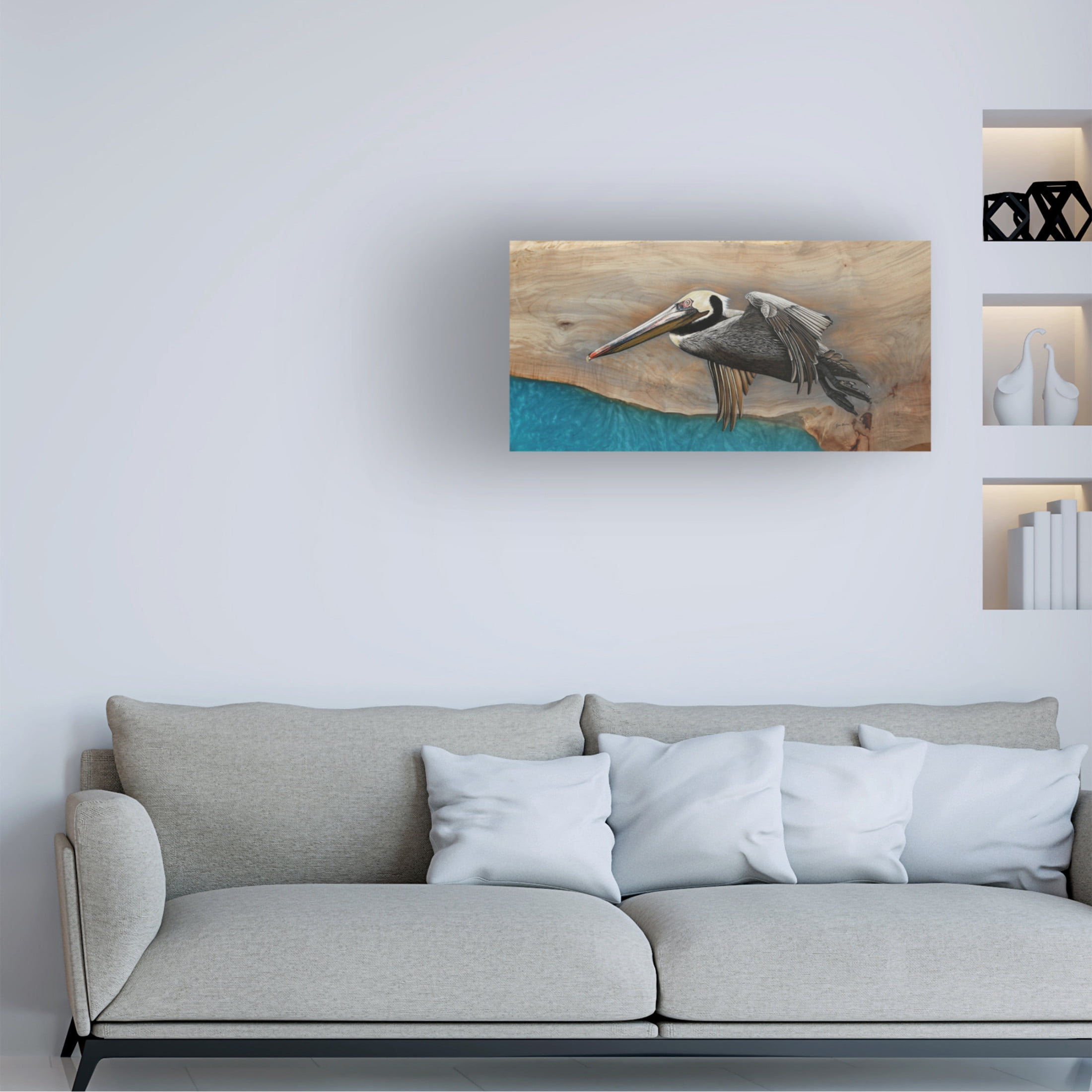 Canvas Wall Art - Jim Brune 'Pelican Over Turquoise Water' Wall Art for Living Room, Bedroom, or Office Décor by Trademark Fine Art - 32 x 16 Inches