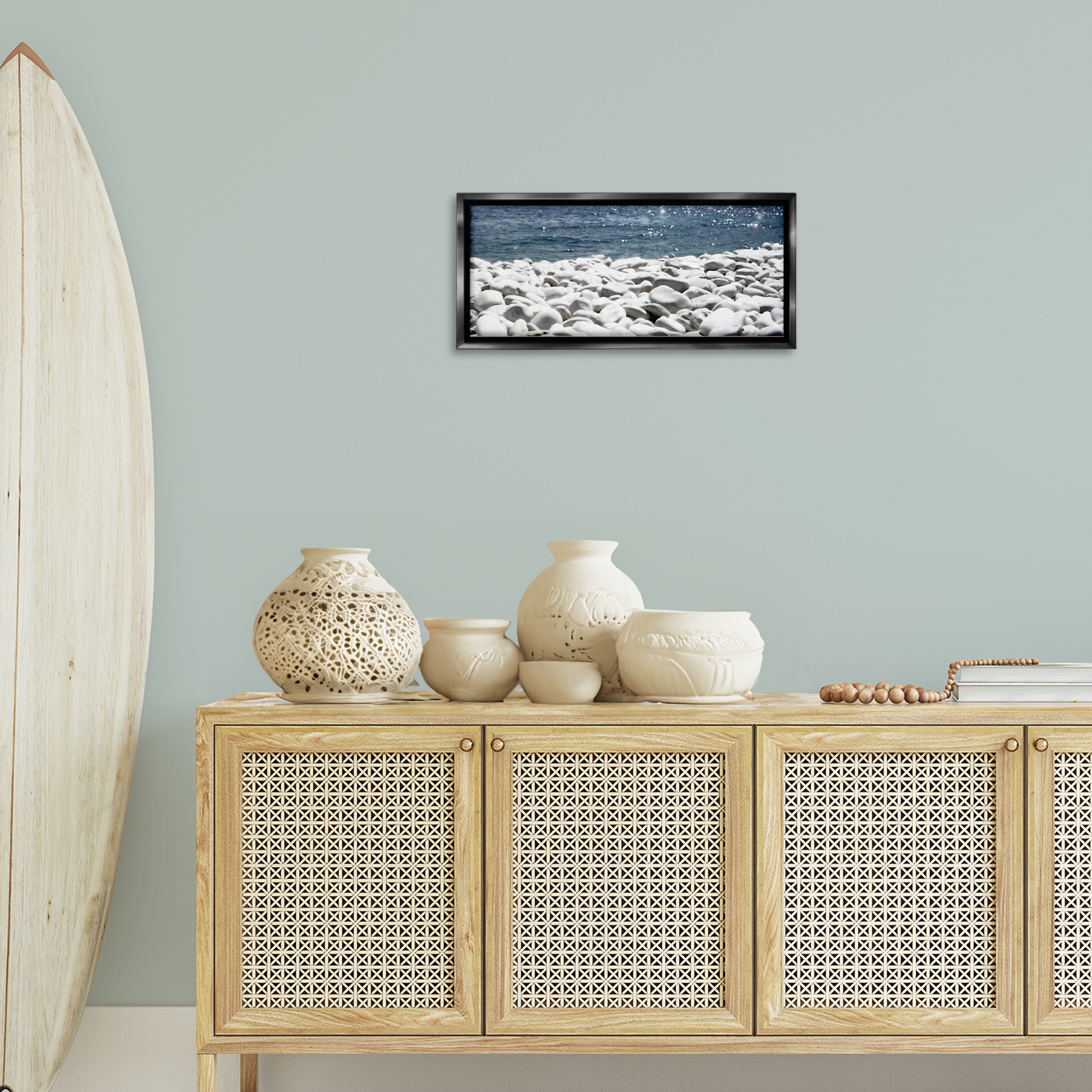 Stupell Industries Greek Pebbles Shore Landscape & Nature Photography Black Floater Framed Canvas Art Print Wall Art, 25 x 11