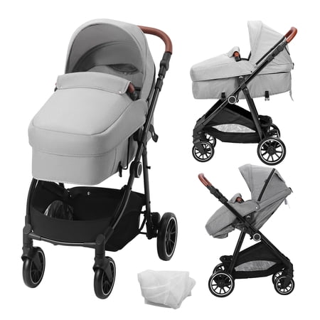 SKYSHALO 2 in 1 Convertible Baby Stroller, Foldable Infant Newborn Bassinet Pram, Unisex Travel Stroller for Newborn Baby, Light Grey