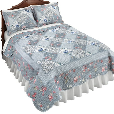 Gray Patch Quilt Adelyn Grey  Floral Patchwork  Quilt  with Scalloped Edges 