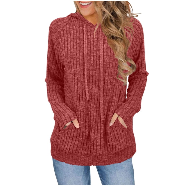 Women's Ribbed Plush Pullover Sweatshirt - Long Sleeve Hoodie | Kangaroo Pocket Casual Fall Top