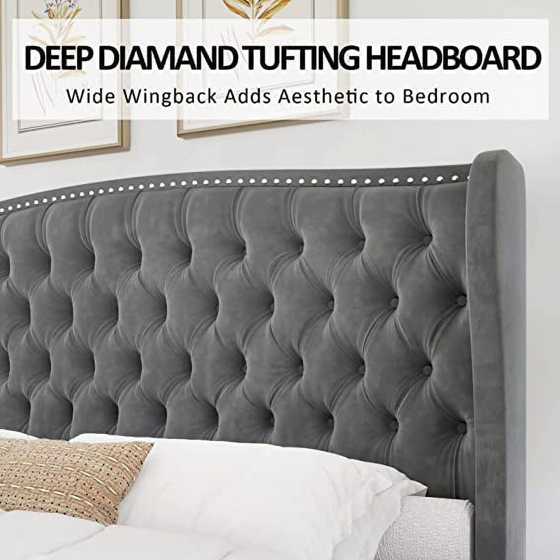 Amerlife Queen Bed Frame with Velvet Upholstery, Tufted Wingback Headboard and Nailhead Trim, Grey