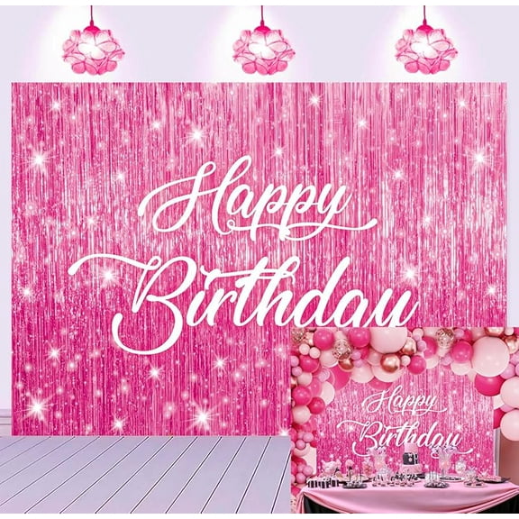 Pink Flash Happy Birthday Backdrop Pink Metallic Tinsel Foil Fringe Curtain Flash Photography Background Birthday Wedding Engagement Baby Shower Party Decorations Banner Photo Booth Props