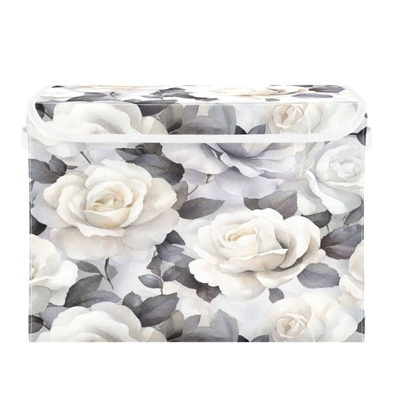 Storage Box With Lid 16.5x12.6x11.8In Foldable Stacked Household Storage Box White Roses Seamless