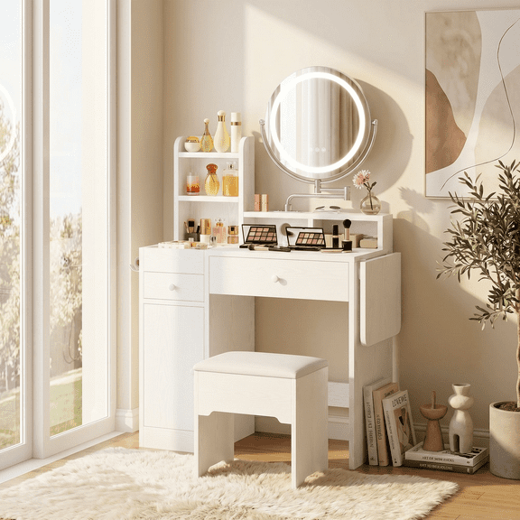 IRONCK Makeup Vanity Table Set with Adjustable LED Mirror, Power Outlet & Storage Drawers, White