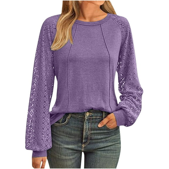 Htigea Womens Fall Shirts Lace Hollow Out Long Sleeve Crew Neck Tops Loose Tunic Tees Stylish Going Out Blouses Purple XL