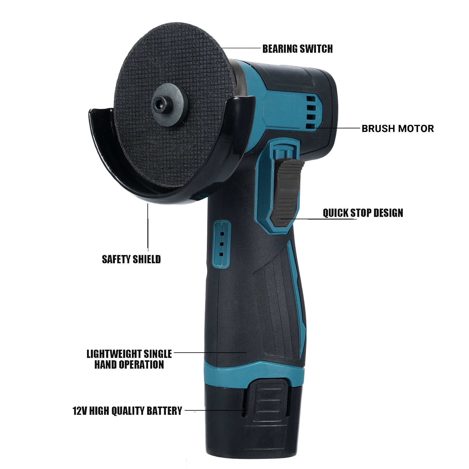 12V Cordless Angle Grinder Kit, Ginding disc 3 Inch/76mm 19500 rpm w/ 2* 1300mAh Lithium-Ion Battery for Cutting, Polishing, Grinding, Rust Removal
