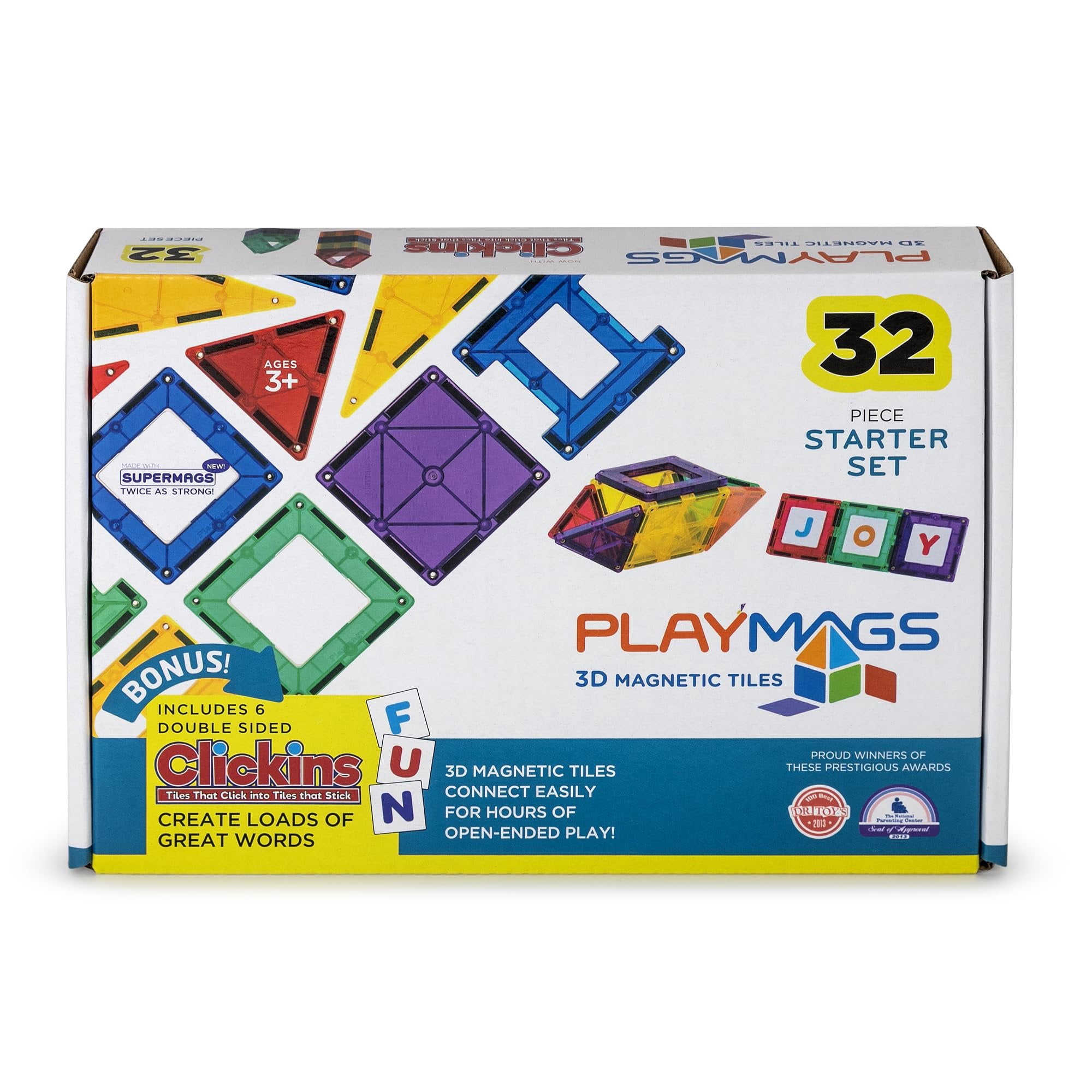 Playmags Magnetic Tile Set, 32-Piece Magnets Building Blocks for