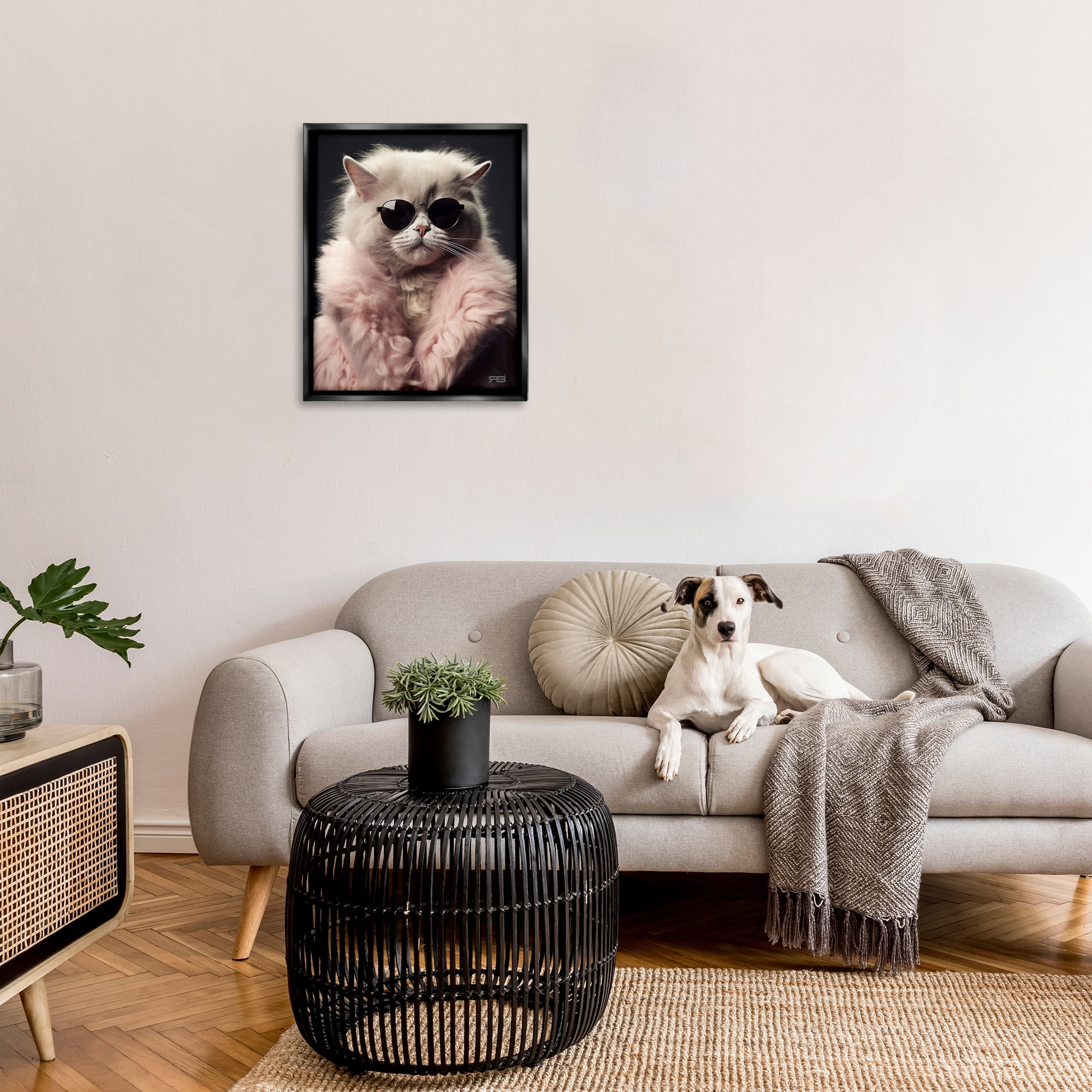 Stupell Industries Cat in Fur Jacket Animals & Insects Painting Black Floater Framed Canvas Art Print Wall Art, 25 x 31