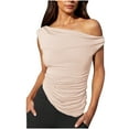 thumbnail image 3 of HOMBOM Cutout Tops for Women Trendy Summer Off Shoulder Beige Solid Color Sleeveless Pleated V-Neck Tee Shirt, 3 of 6