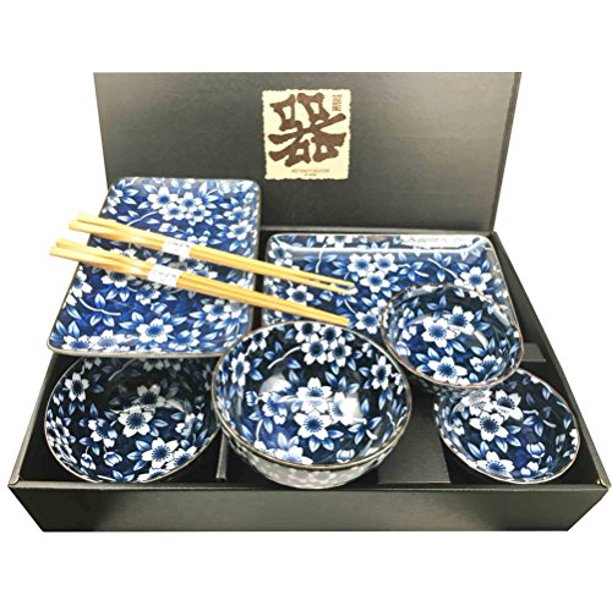 Made in Japan Floral Blossom Blue Motif Ceramic Sushi Dinnerware 8pc