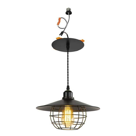 KAYYELAMP Recessed Retrofit Pendant Conversion Kit E26 Power Connector UFO/Hollow Cage Shade & Black Base Adjusted 39" Cord Vintage Industrial Hanging Lamp for Hallway Farmhouse(No Bulb)