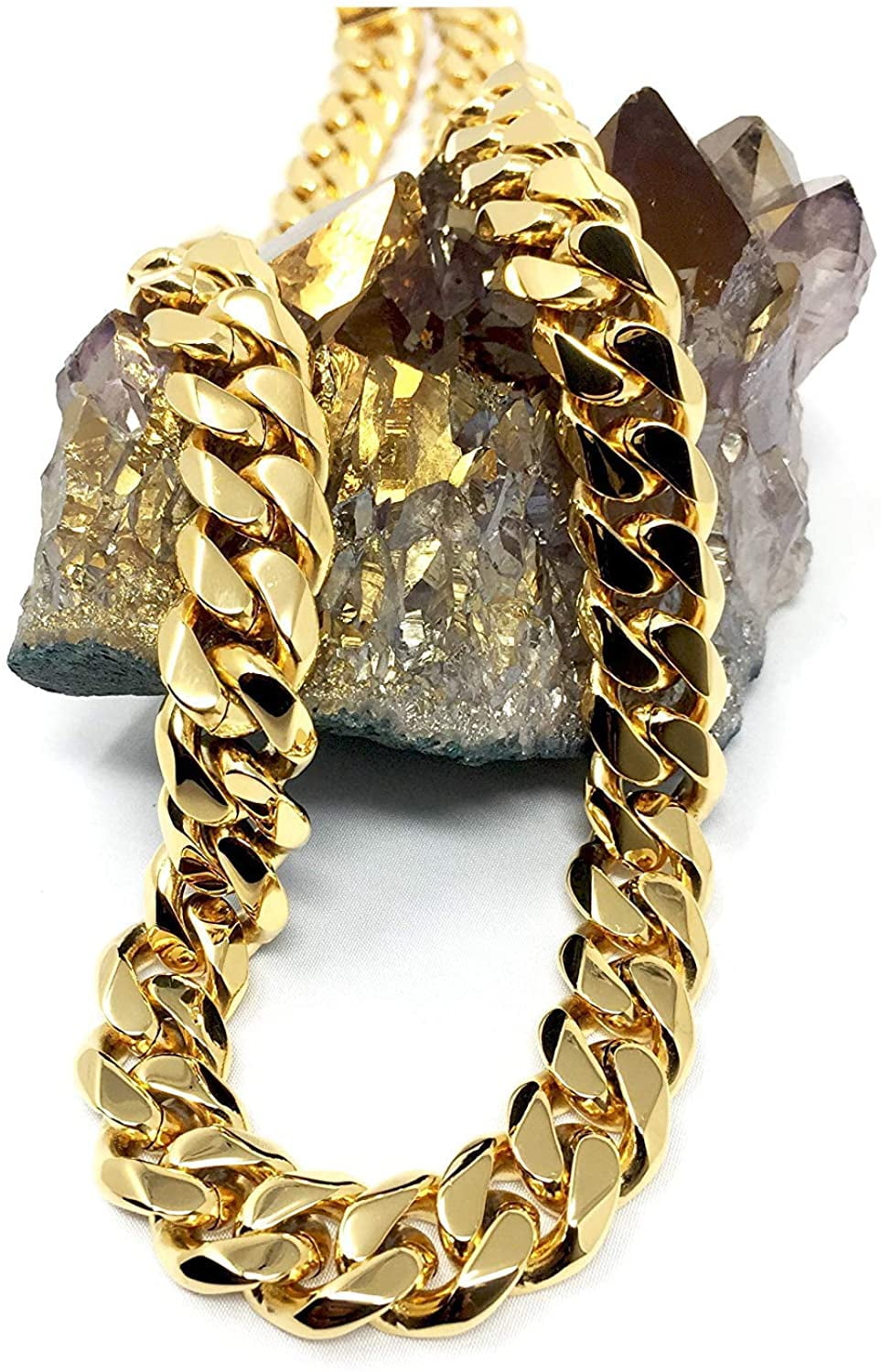 Gold Cuban Link Chain Necklace for Men Real 14MM 24K Karat Diamond Cut Heavy w Solid Thick Clasp US Made
