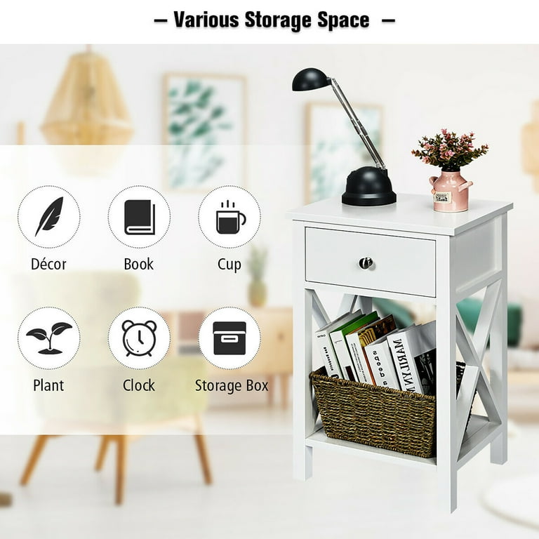 Costway Nightstand Chair Side End Table with Drawer Shelf Bedroom Furniture White