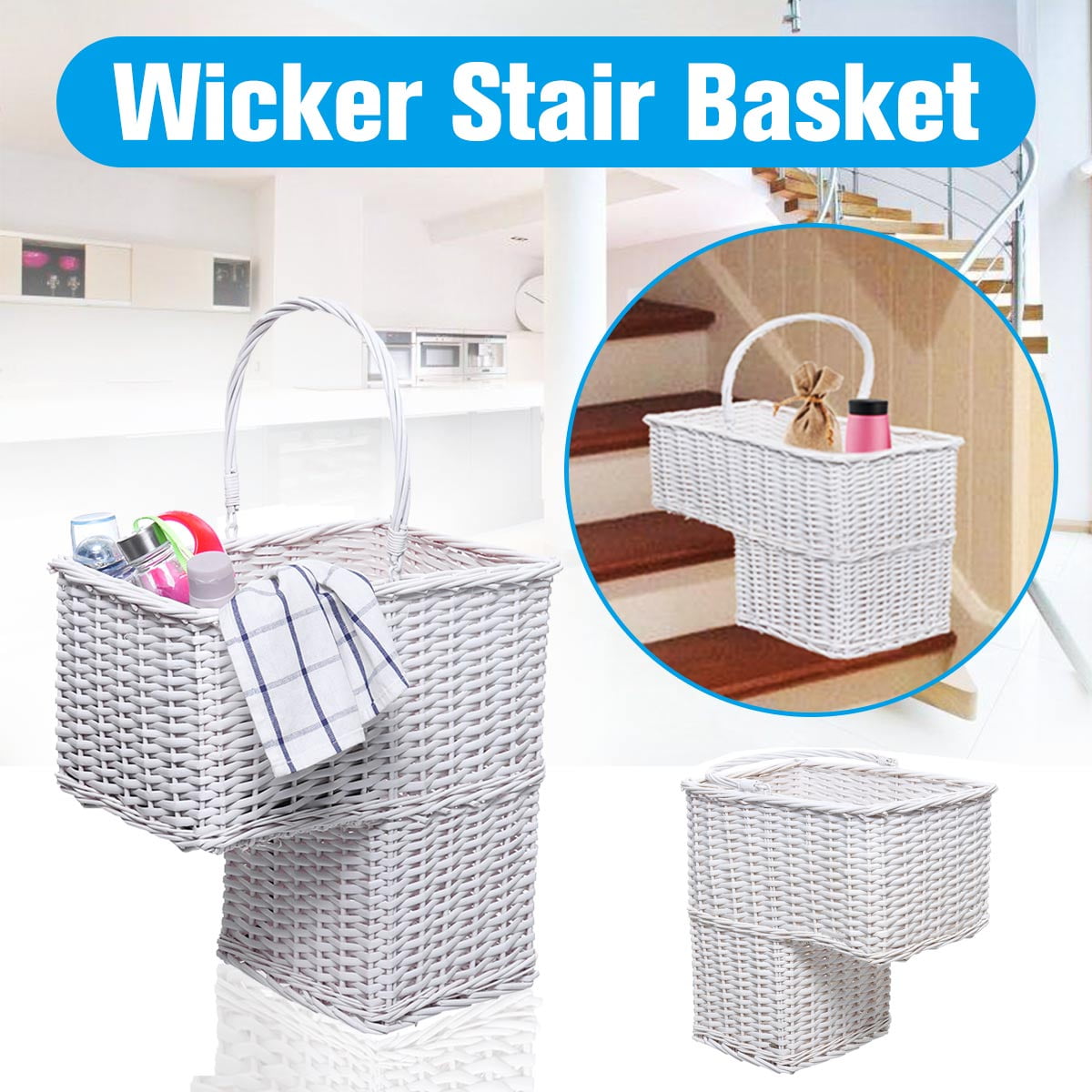 Classy White Wicker Staircase Basket Rattan Handle Key Holder Shoe Storage Stair 