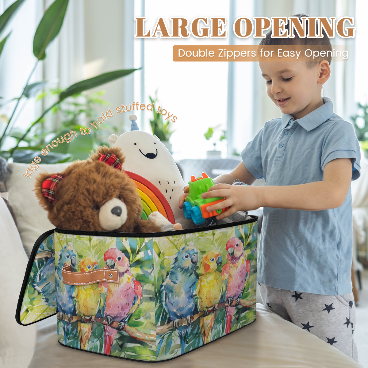 CURLYOOT Bird Fabric Storage Bins with Lids, Colorful Tropical Bird Parrot Foldable Storage Boxes Washable Storage Cube, Closet Bedroom Home Organizer Containers with PU Leather Handles
