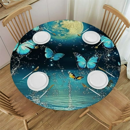 

Patifu Butterflies Water Moon Round Tablecloth 100% Polyester Waterproof Fabric for Indoor Outdoor Events Weddings Parties 38 -42