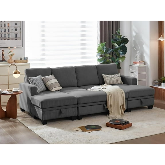 CHIC HOUSE 101" Sectional Sofa with Storage Ottoman Chaise, Corduroy Sleeper Sofa Convertible Sectional Couches for Living Room, 8 Seater Corner Modular Sofa with Deep Seat Throw Pillows, Gray
