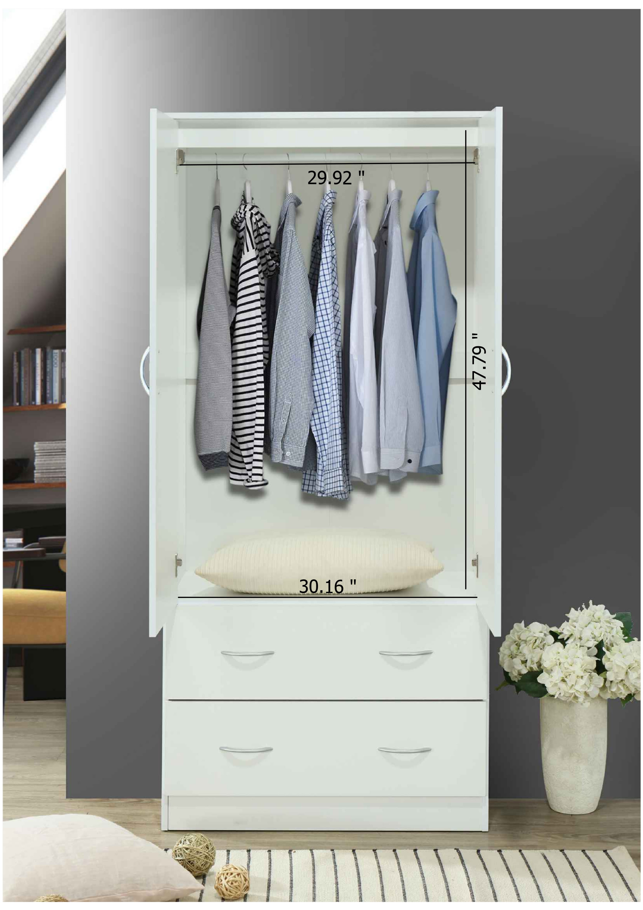 Hodedah Two Door Wardrobe with Two Drawers and Hanging Rod, White
