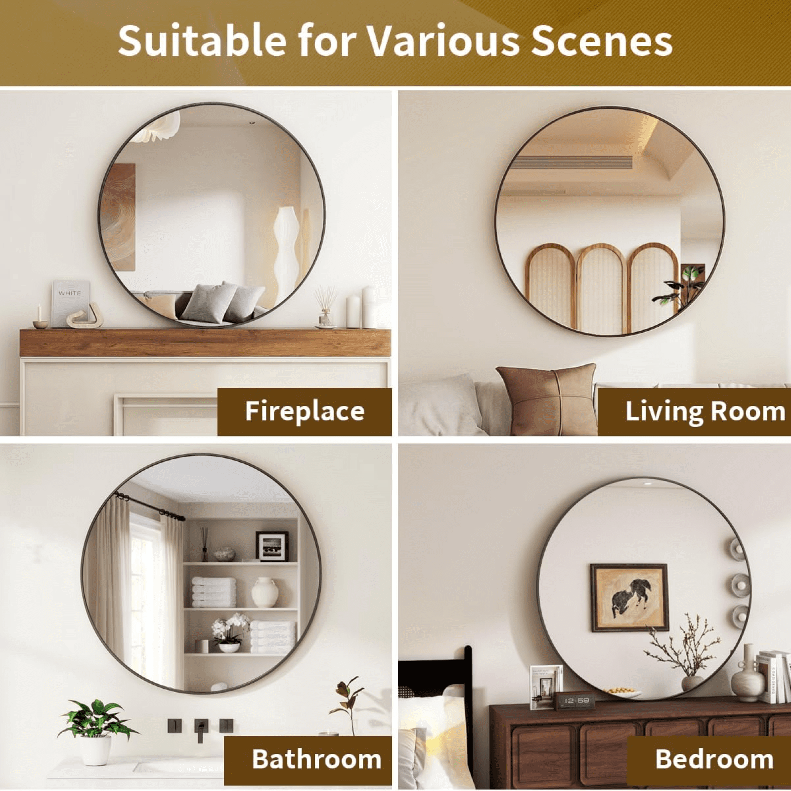 Mirstory 28" Bathroom Mirror Round Wall Mirror Vanity Mirror with Metal Frame, Black