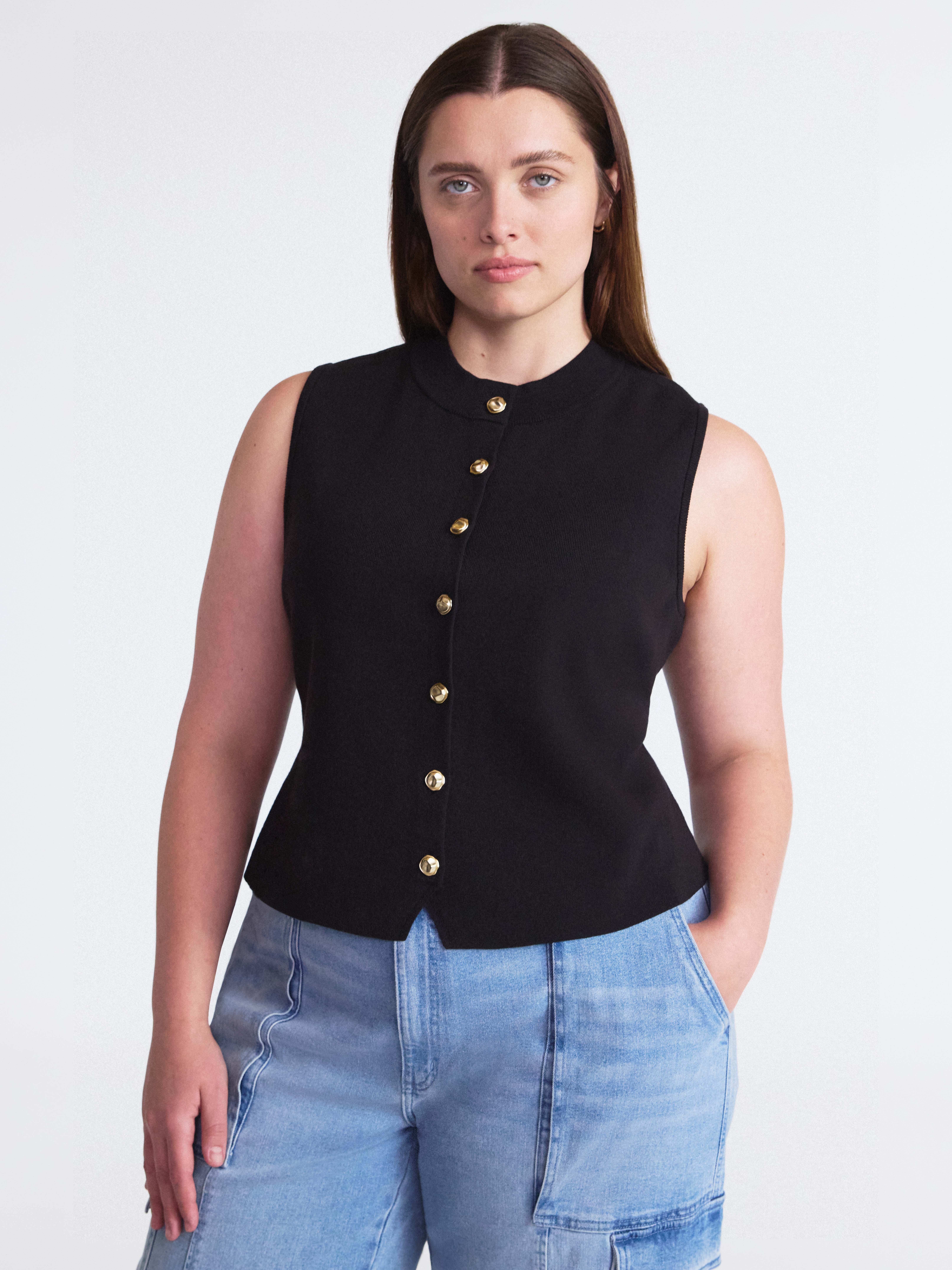 Scoop Women's and Women’s Plus Mockneck Sweater Vest with Gold Tone Buttons, Midweight, Sizes XS-4X