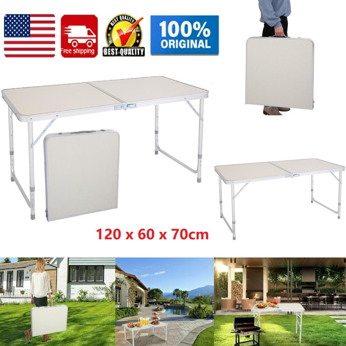 Folding Table 180x60 x70cm Space-Saving Collapsible Table White Picnic BBQ Table 