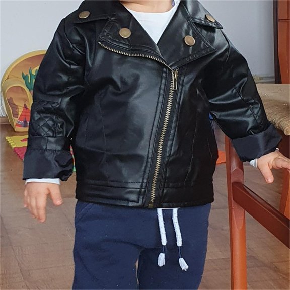 XXWXYD Kids Leather Zipper Outerwear Coat, Short Jacket Lapel Fau𝗑 PU Motorcycle Style, Boys Girls Autumn Windproof Design, Stylish Quilted Lining