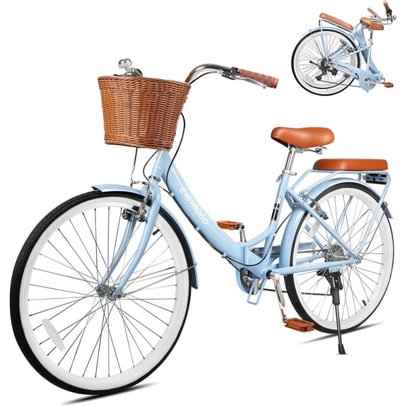 Gaonala 26 inch 7 Speed Folding Beach Cruiser Bike for Women Step Through Frame Adjustable Seat Basket City Commute Blue