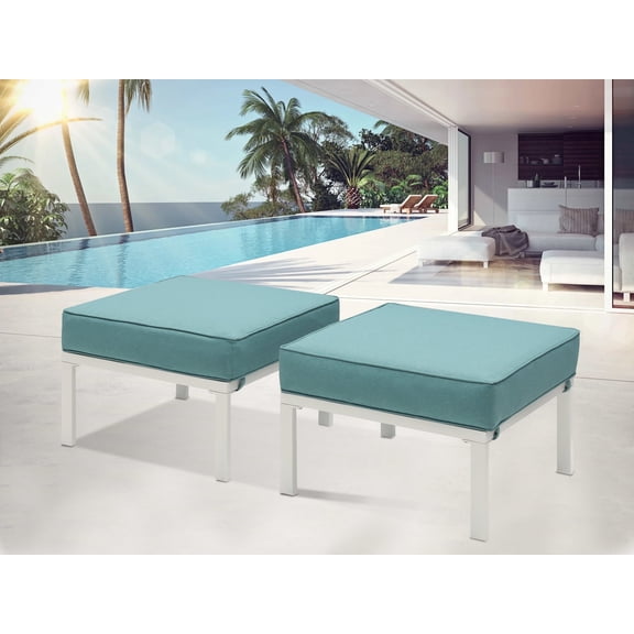 Heynemo 2 Pcs Outdoor Patio Ottomans Aluminum Frame Footstool with Thick Cushion,White