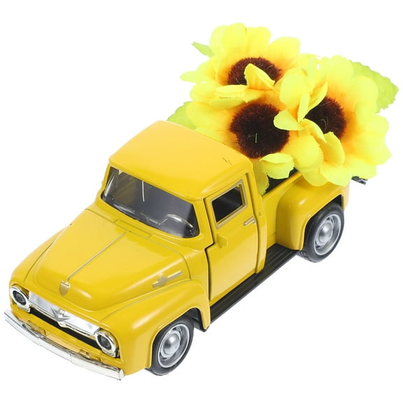 Yellow Truck Model Ornament with Sunflowers for Dining Table Centerpiece, Tier Tray Decor, Metal and Silk Cloth