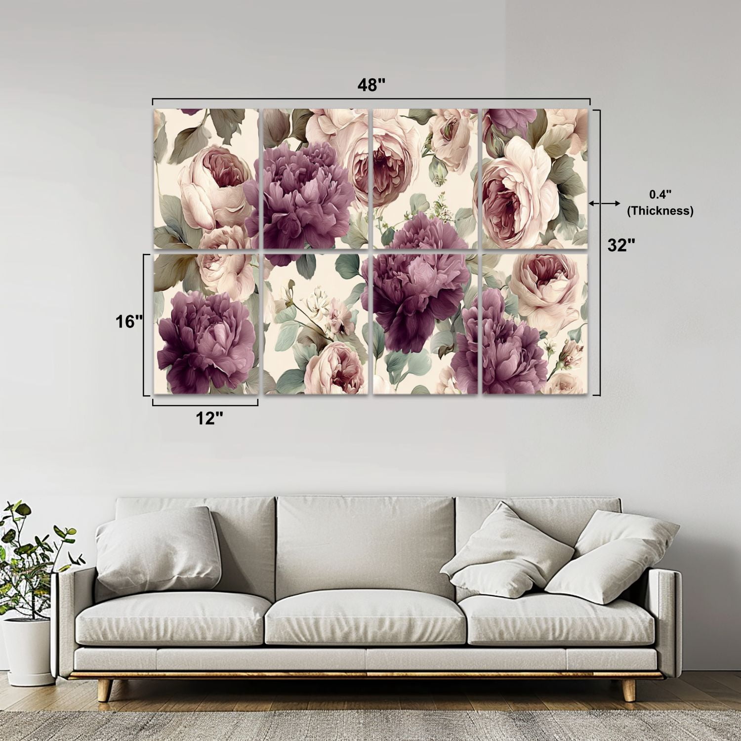 8 Pack Art Acoustic Panels Sound Absorbing Vintage Floral Purple Cream Peonies Decorative Soundproof Wall Panels Self Adhesive for Nursery Game Room Bedroom 48"x32"
