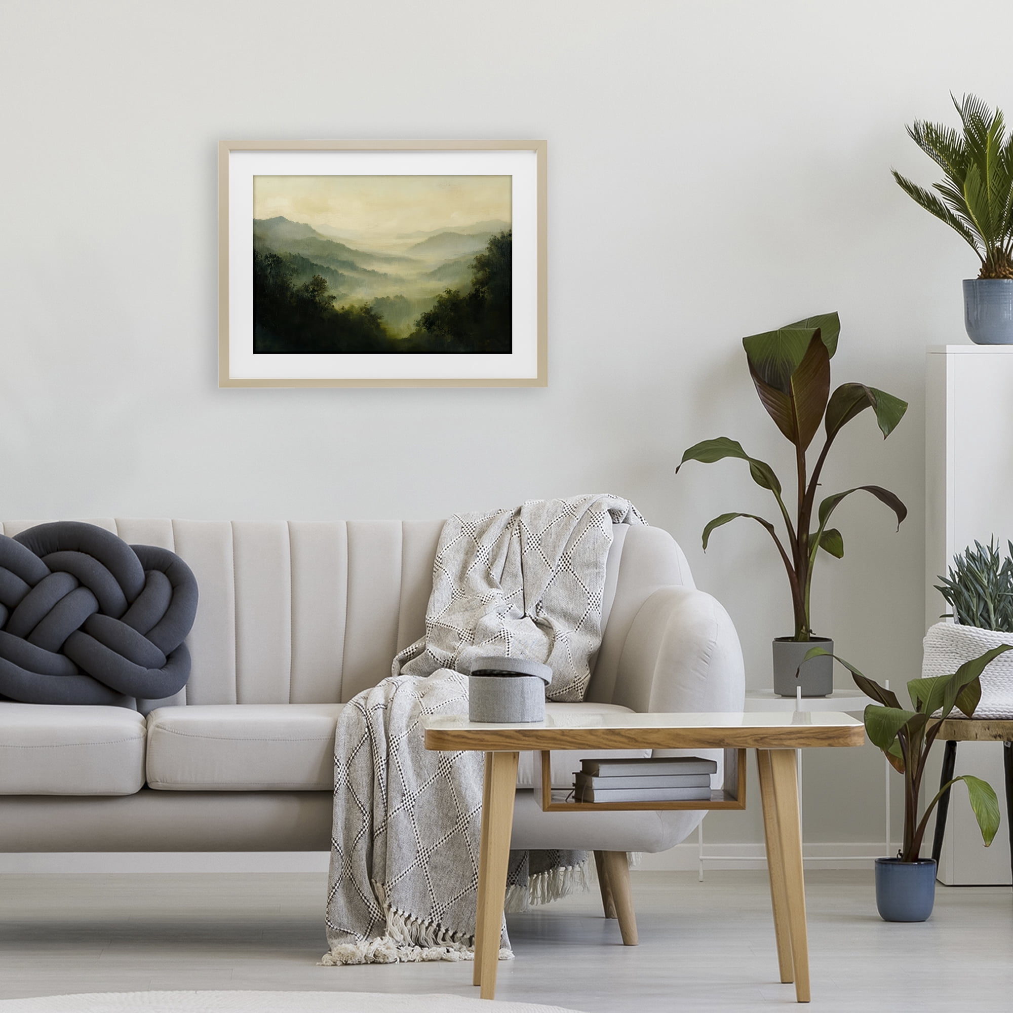 Through The Haze Landscape Birch Framed Print Under Glass, design by Petal Prints Design